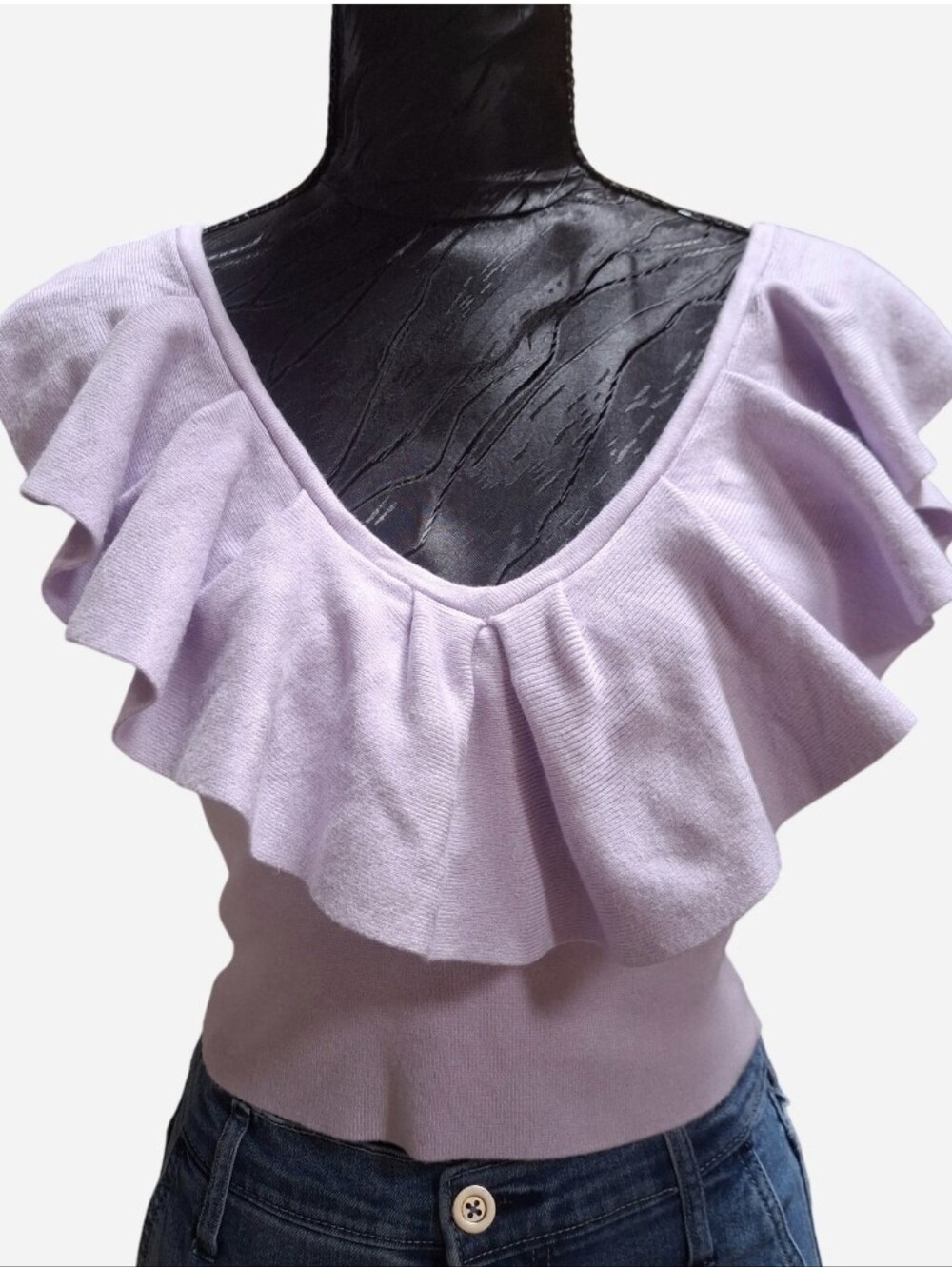 Express Body Contour Ruffle V-Neck Crop Top Lilac S